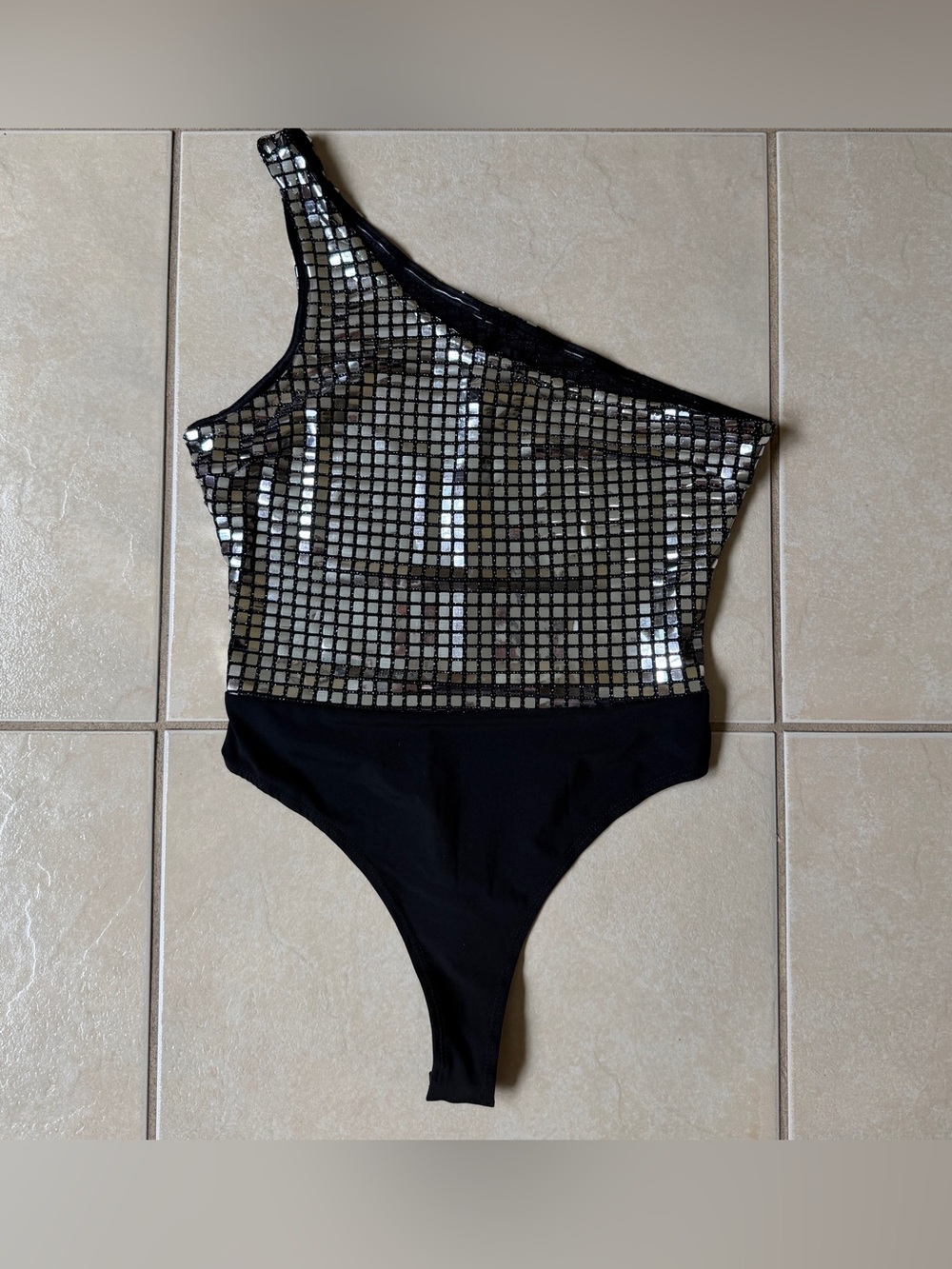 Forever 21 One Shoulder Mirror Sequin Bodysuit Silver Black Party Festival S